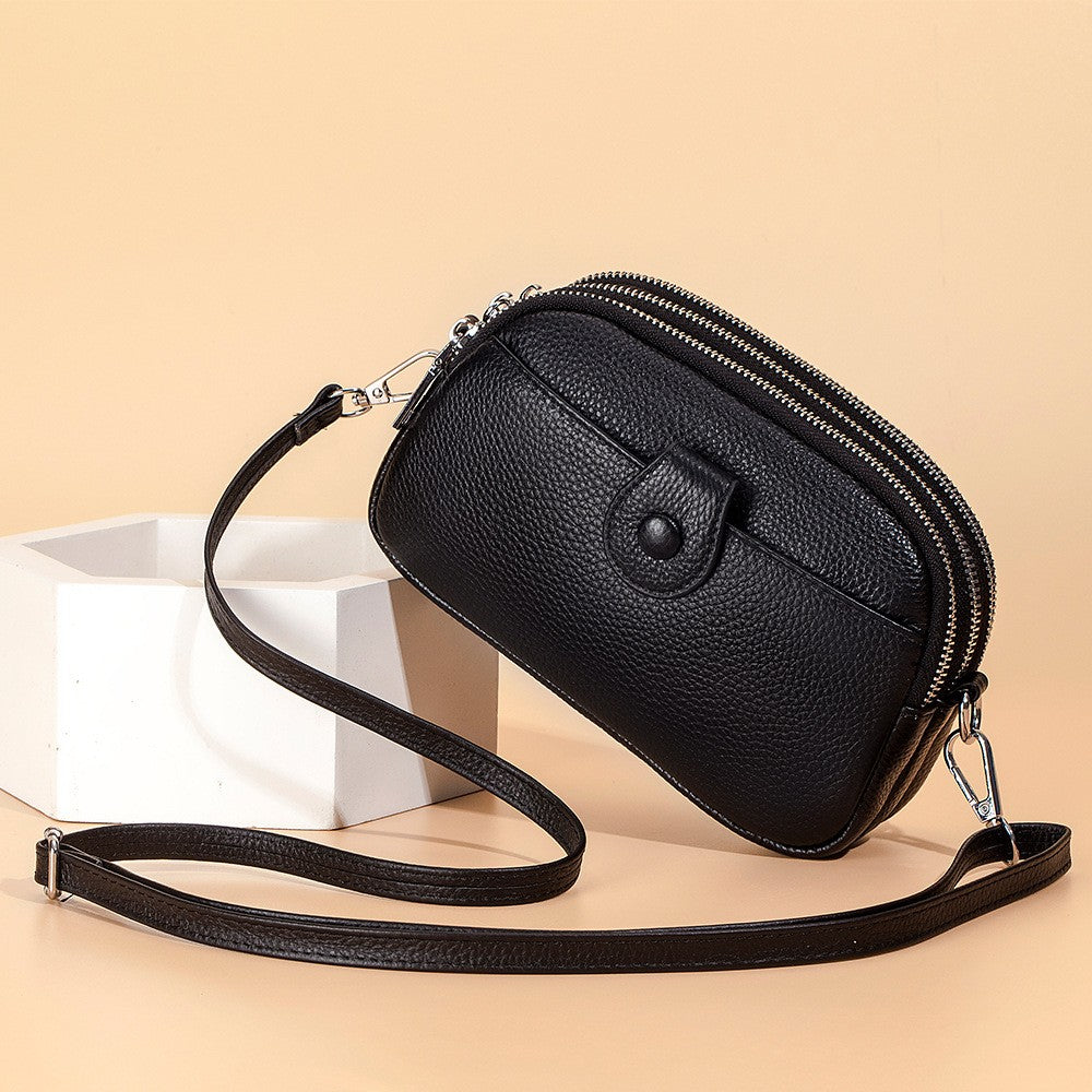 Women's Black Full-Grain Leather Crossbody Phone Bag
