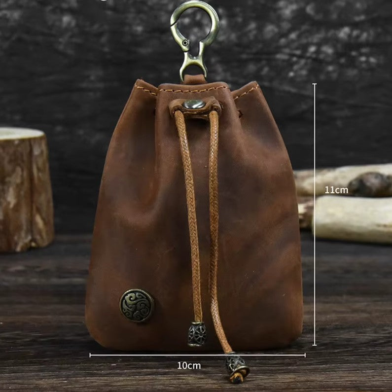 Unisex Distressed Full-Grain Leather Drawstring Coin Pouch