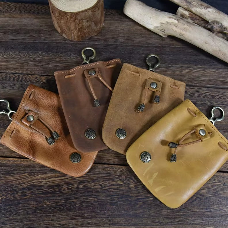 Unisex Distressed Full-Grain Leather Drawstring Coin Pouch