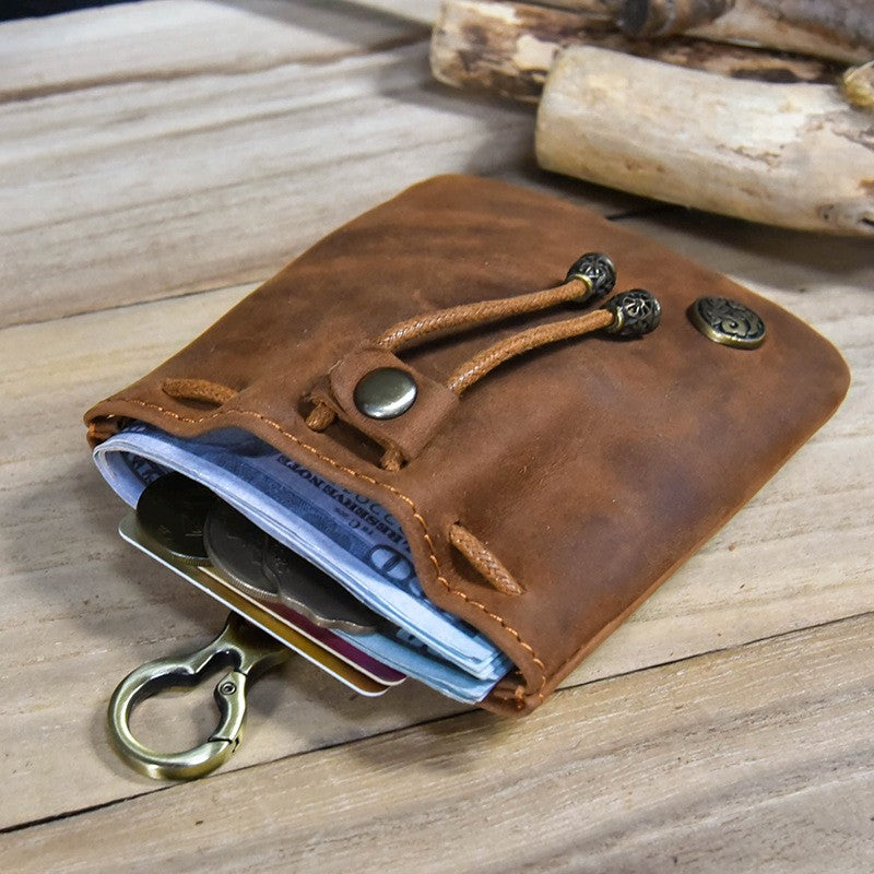 Unisex Distressed Full-Grain Leather Drawstring Coin Pouch