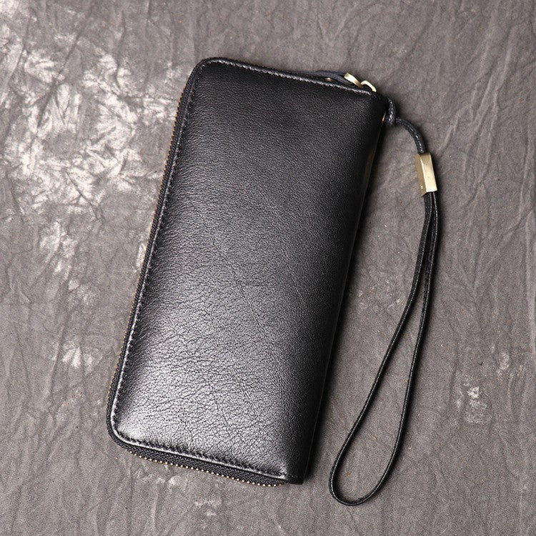 Men's Zip-Around Cowhide Leather Card Holder With Multiple Slots