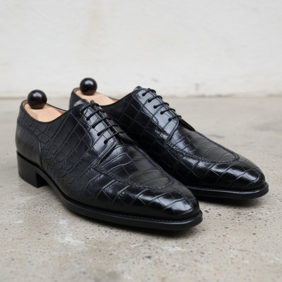 Handmade Mens Black Alligator Shoes, Men Crocodile Embossed Dress Shoes