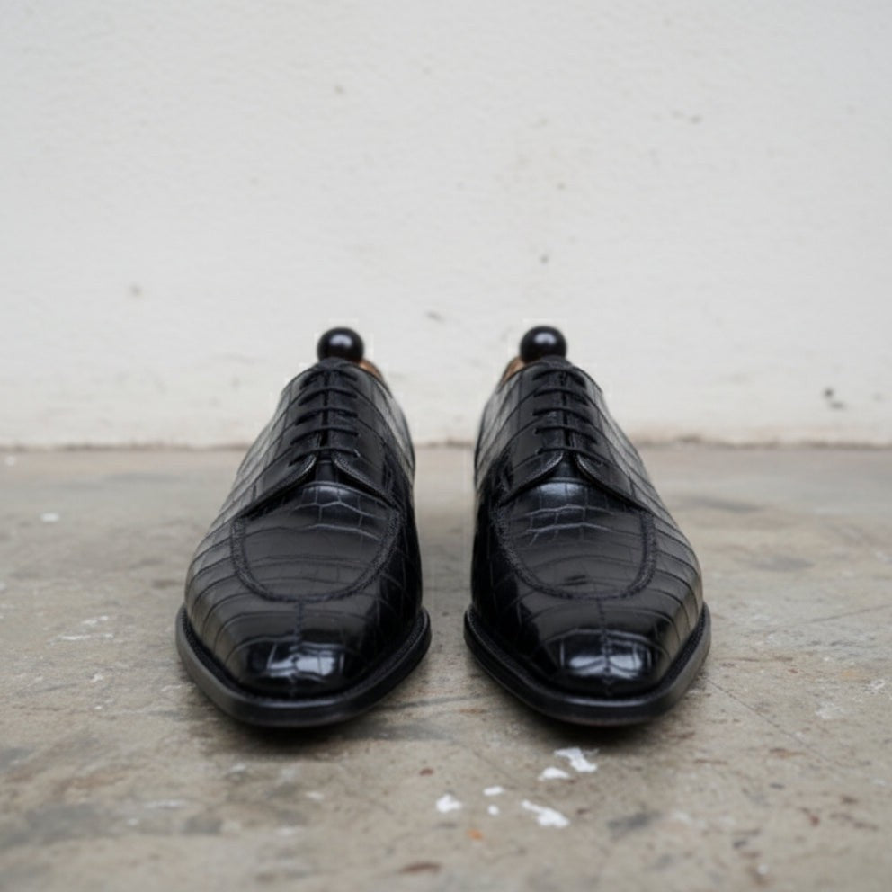 Handmade Mens Black Alligator Shoes, Men Crocodile Embossed Dress Shoes