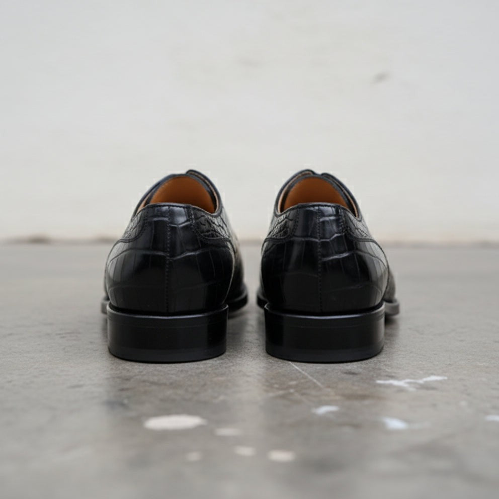 Handmade Mens Black Alligator Shoes, Men Crocodile Embossed Dress Shoes