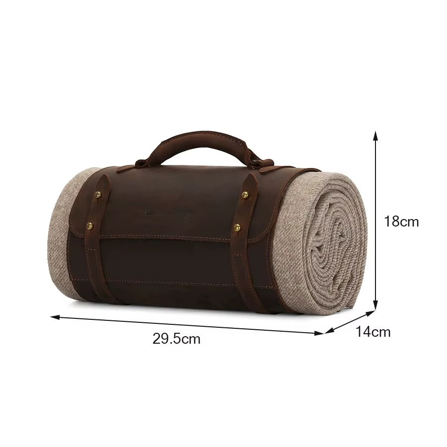 Dark Brown Full-Grain Leather Rolled Blanket Carrier with Brass Hardware