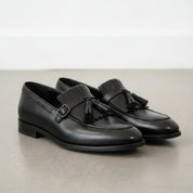 Men's Black Full-Grain Leather Fringe Buckle Loafers
