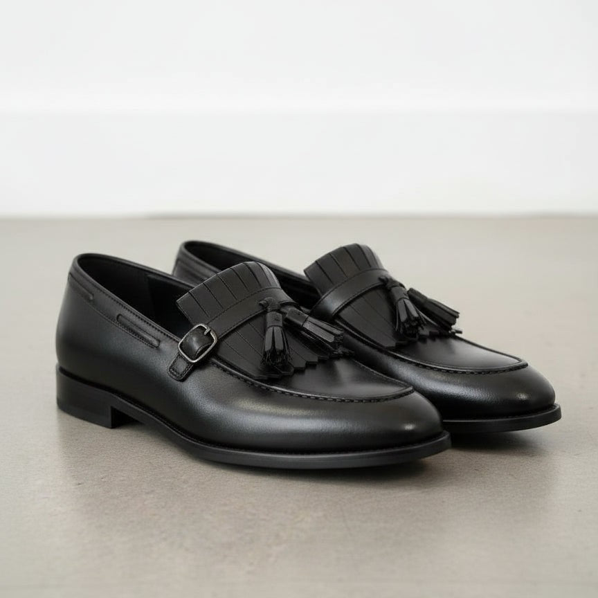 Men's Black Full-Grain Leather Fringe Buckle Loafers