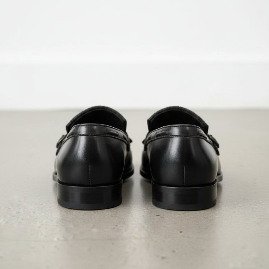 Men's Black Full-Grain Leather Fringe Buckle Loafers