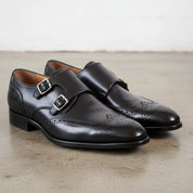 Handmade Men's Black Leather Wingtip Double Monk Dress Shoes