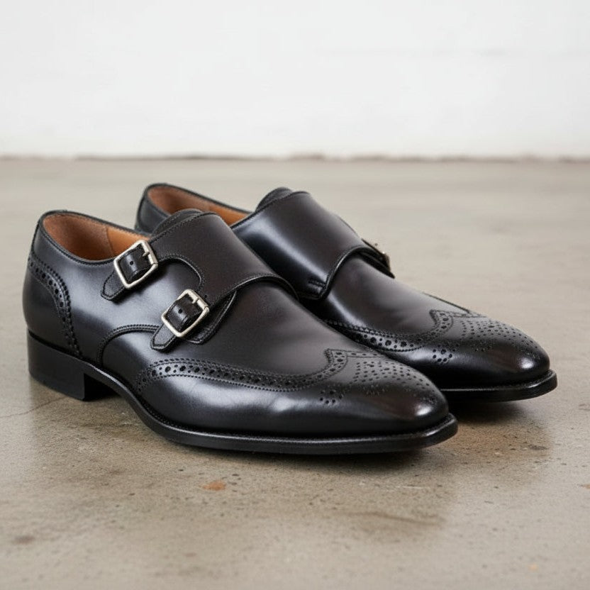Handmade Men's Black Leather Wingtip Double Monk Dress Shoes