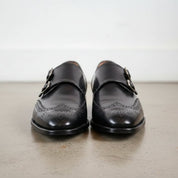 Handmade Men's Black Leather Wingtip Double Monk Dress Shoes