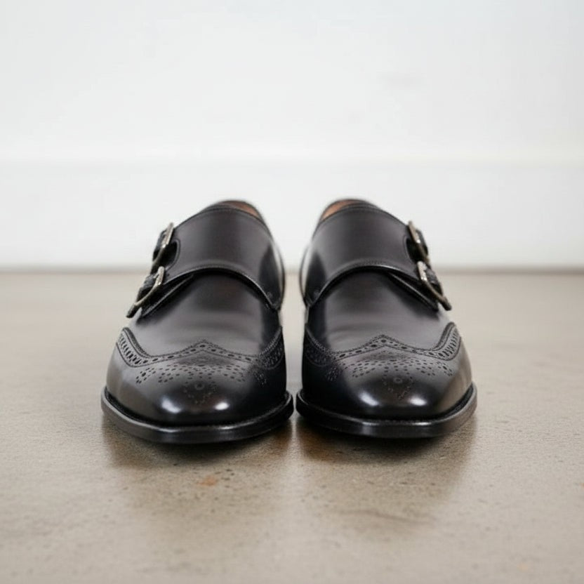 Handmade Men's Black Leather Wingtip Double Monk Dress Shoes