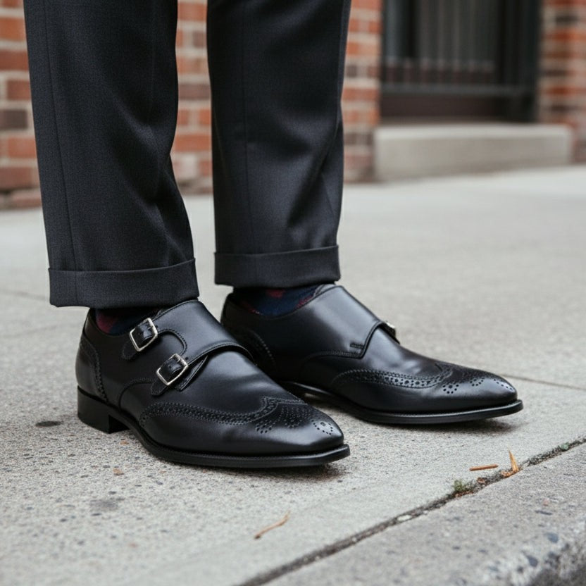 Handmade Men's Black Leather Wingtip Double Monk Dress Shoes