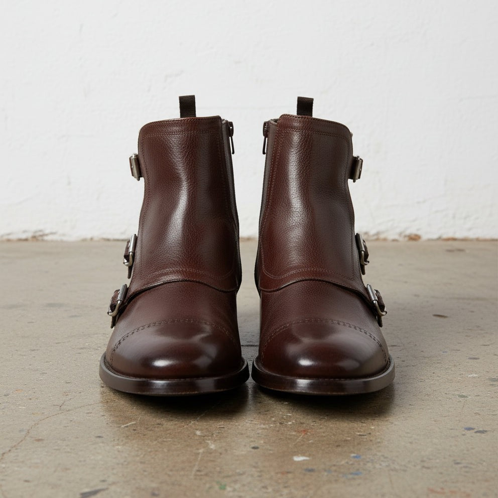 Men's Brown Full-Grain Leather Triple Monk Dress Ankle Boots