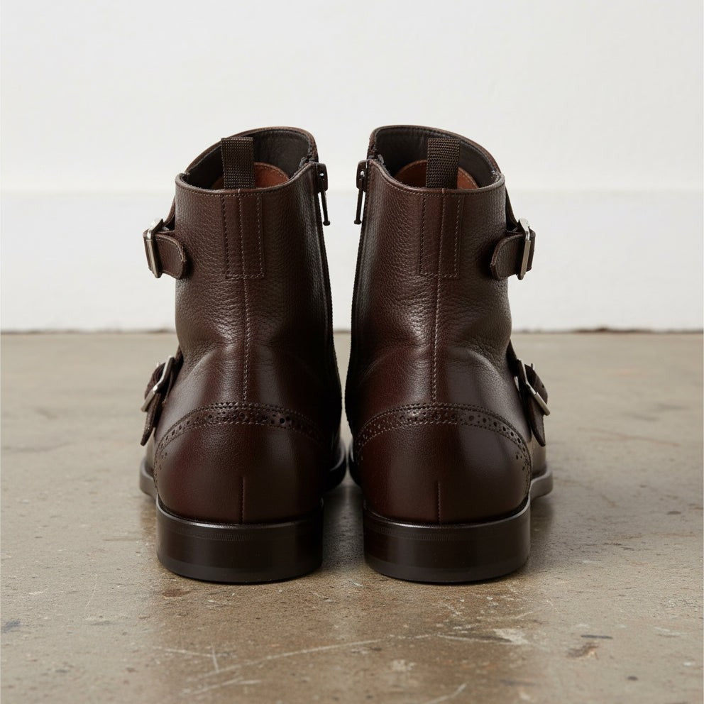 Men's Brown Full-Grain Leather Triple Monk Dress Ankle Boots
