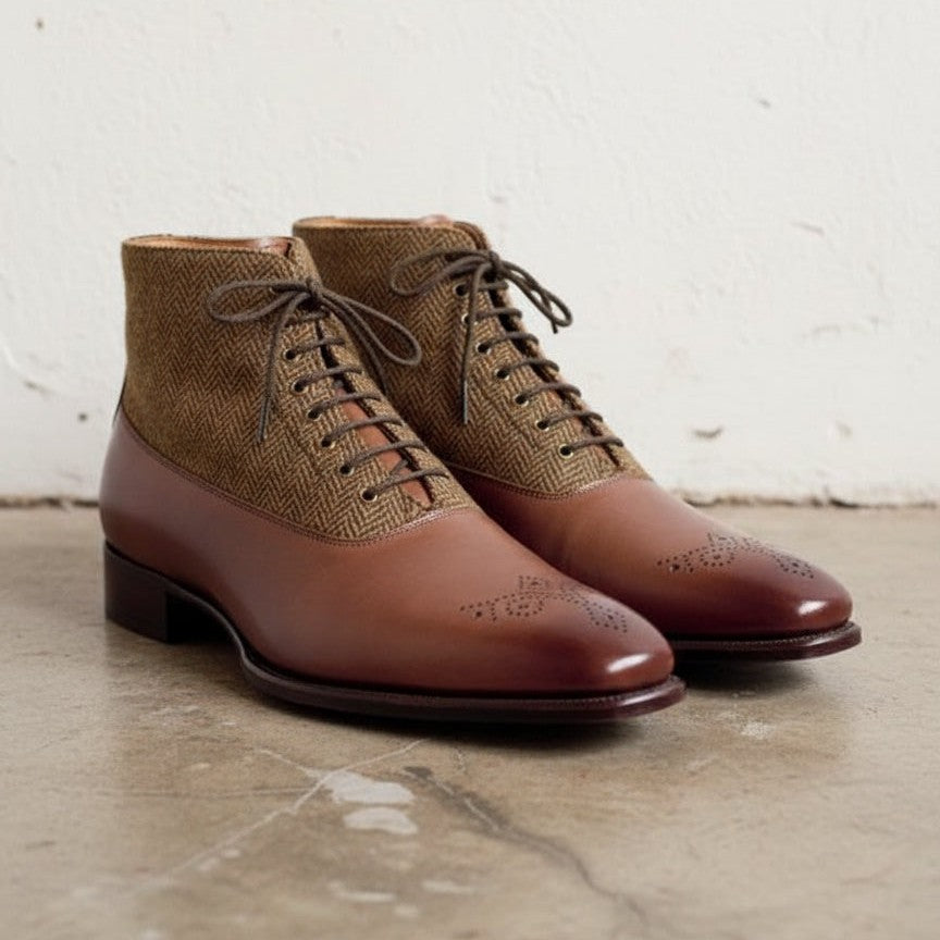 Men's Brown Tweed Fabric Lace-Up Dress Boots