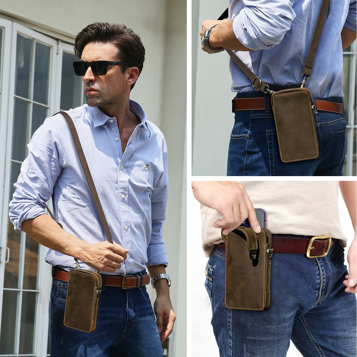Men's Adjustable Strap Multi-Use Full- Grain Leather Crossbody Bag