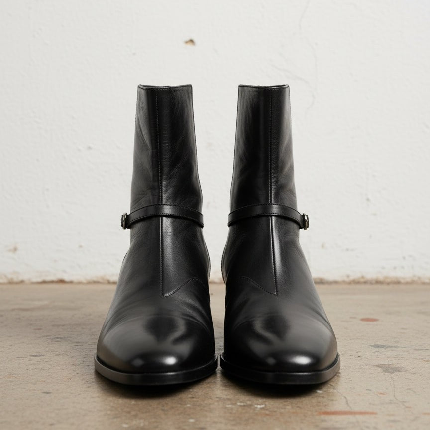 Men's Black Leather High-heel Zipper Boots