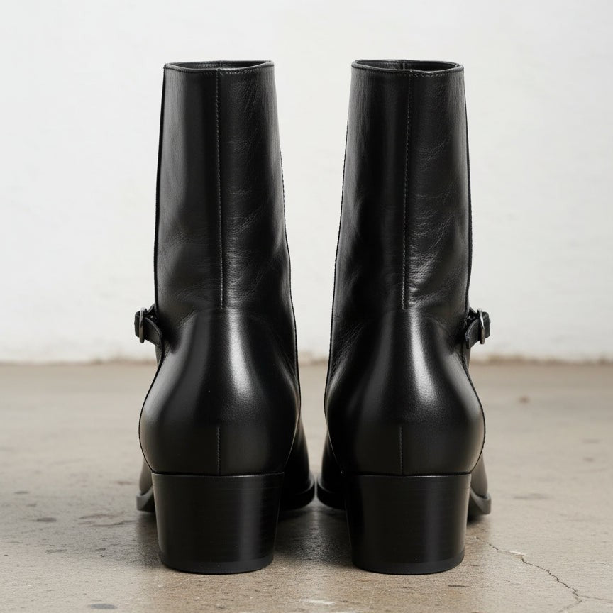 Men's Black Leather High-heel Zipper Boots