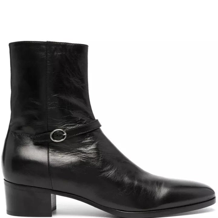 Men's Black Leather High-heel Zipper Boots