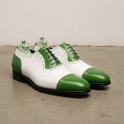Men's Green and White Full-Grain Leather Brogue Dress Shoes