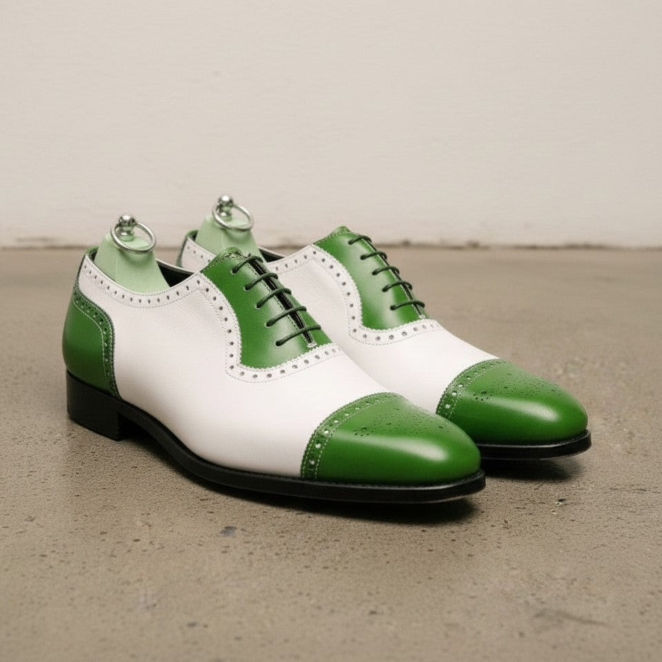 Men's Green and White Full-Grain Leather Brogue Dress Shoes