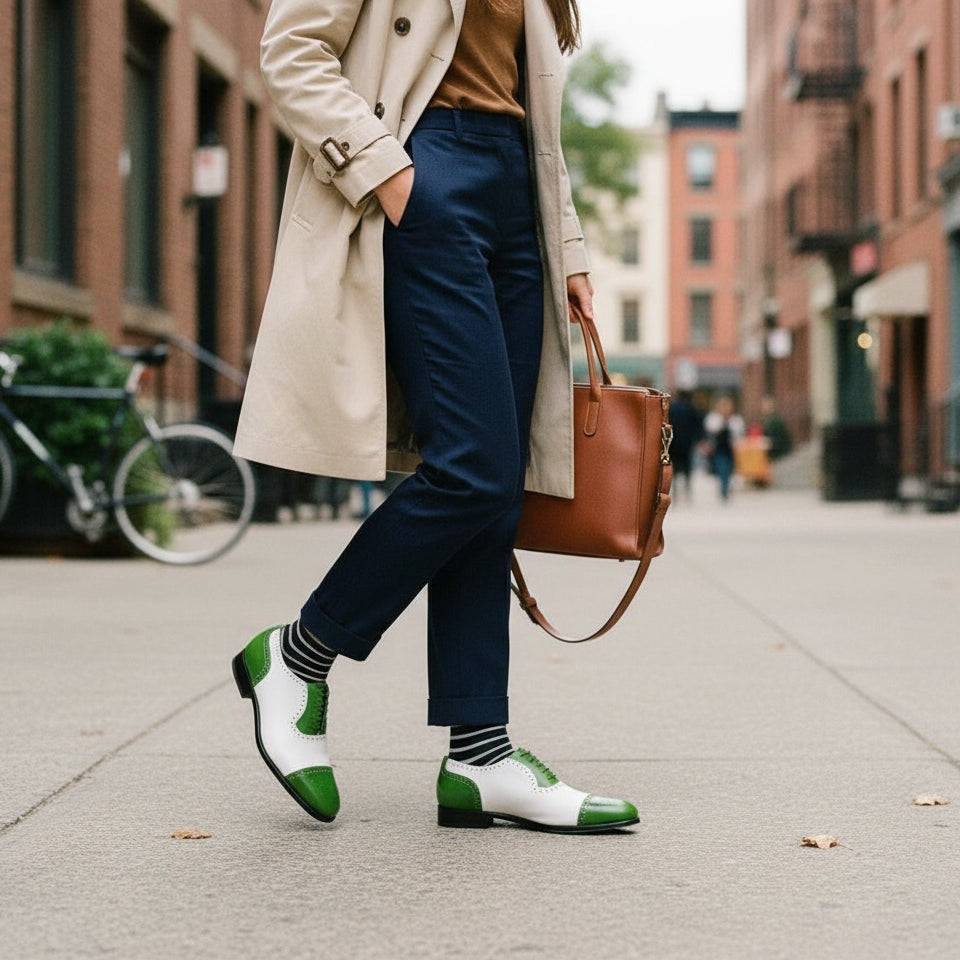 Men's Green and White Full-Grain Leather Dress Shoes Men's Green and White Full-Grain Leather Dress Shoes