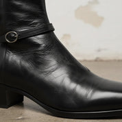 Men's Black Leather High-heel Zipper Boots