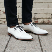 Men's White Lace-Up Full-Grain Leather Oxfords