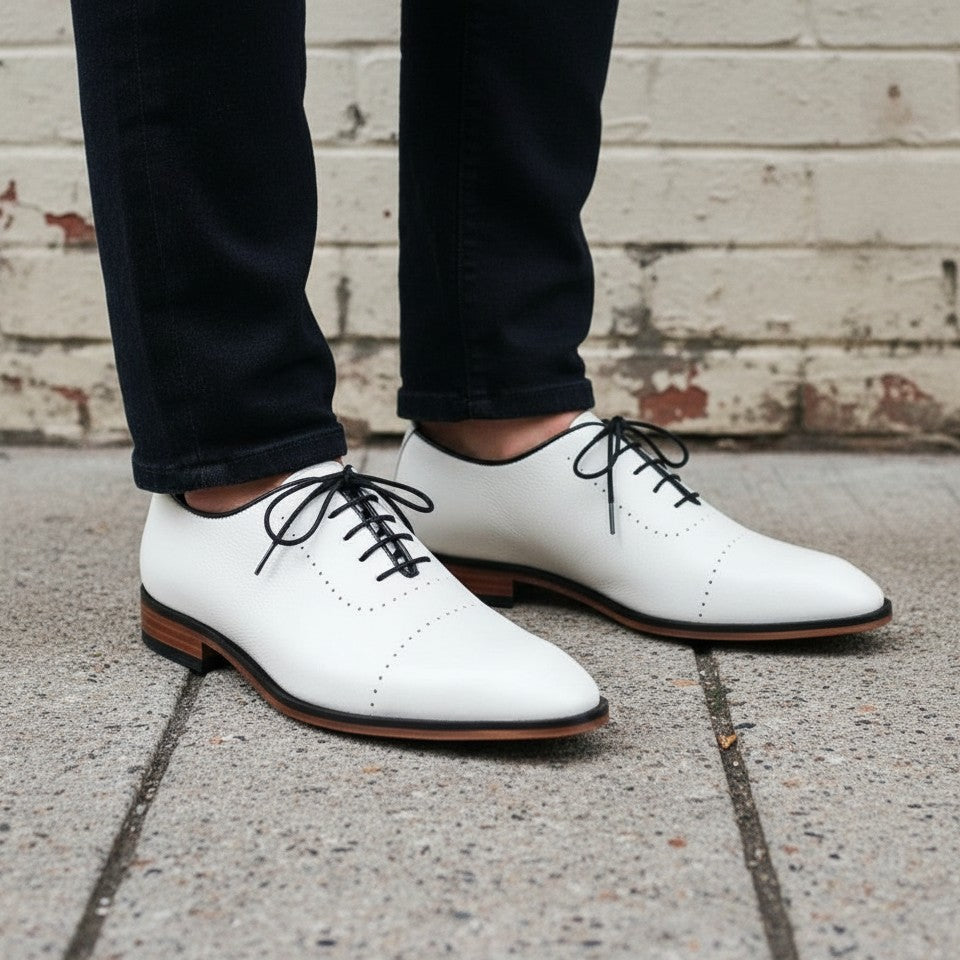 Men's White Lace-Up Full-Grain Leather Oxfords