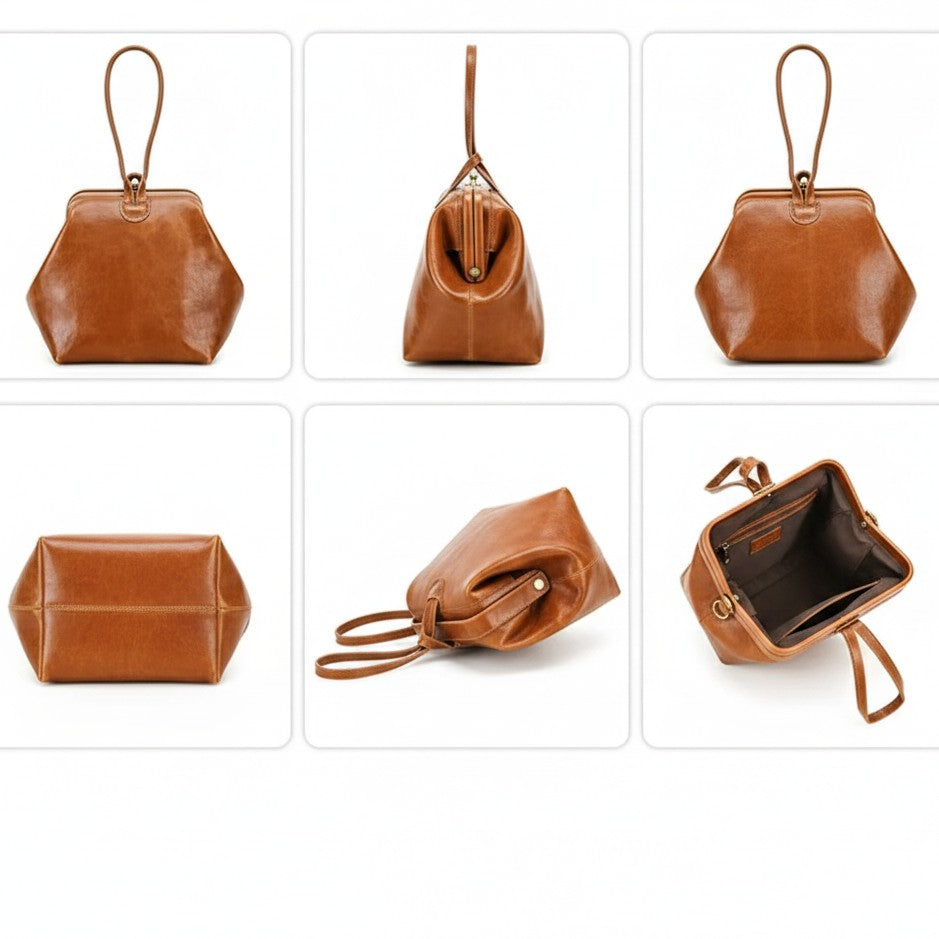 Women's Full-Grain Leather Wristlet Tote Bag With Kiss Lock Closure