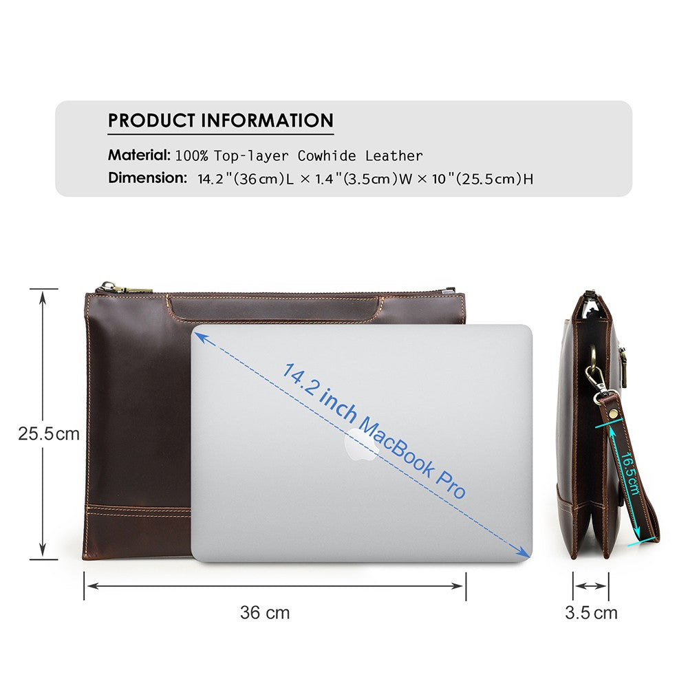 Men's Full-Grain leather Laptop Clutch, Multi-Compartment 14-inch Sleeve Bag