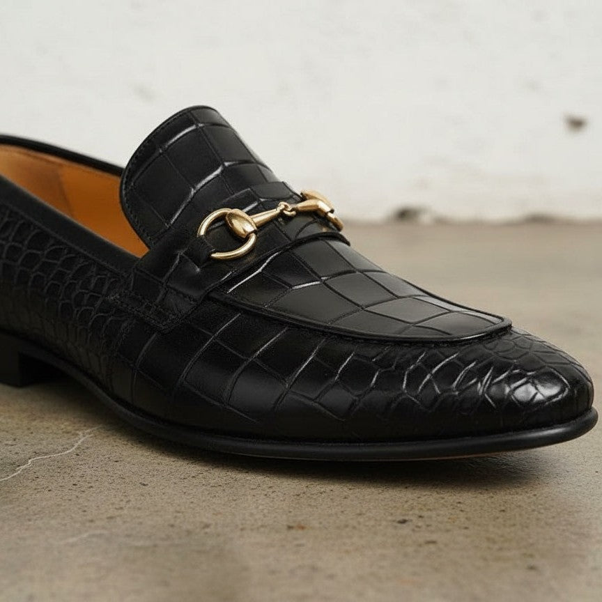 Handmade Mens Black Crocodile Moccasins Loafer, Men Alligators Texture Shoe