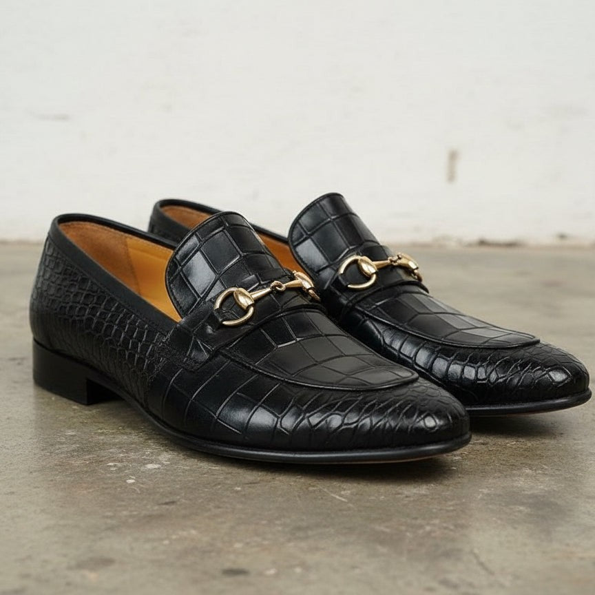 Handmade Mens Black Crocodile Moccasins Loafer, Men Alligators Texture Shoe