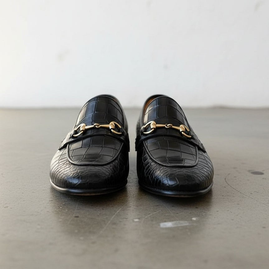 Handmade Mens Black Crocodile Moccasins Loafer, Men Alligators Texture Shoe