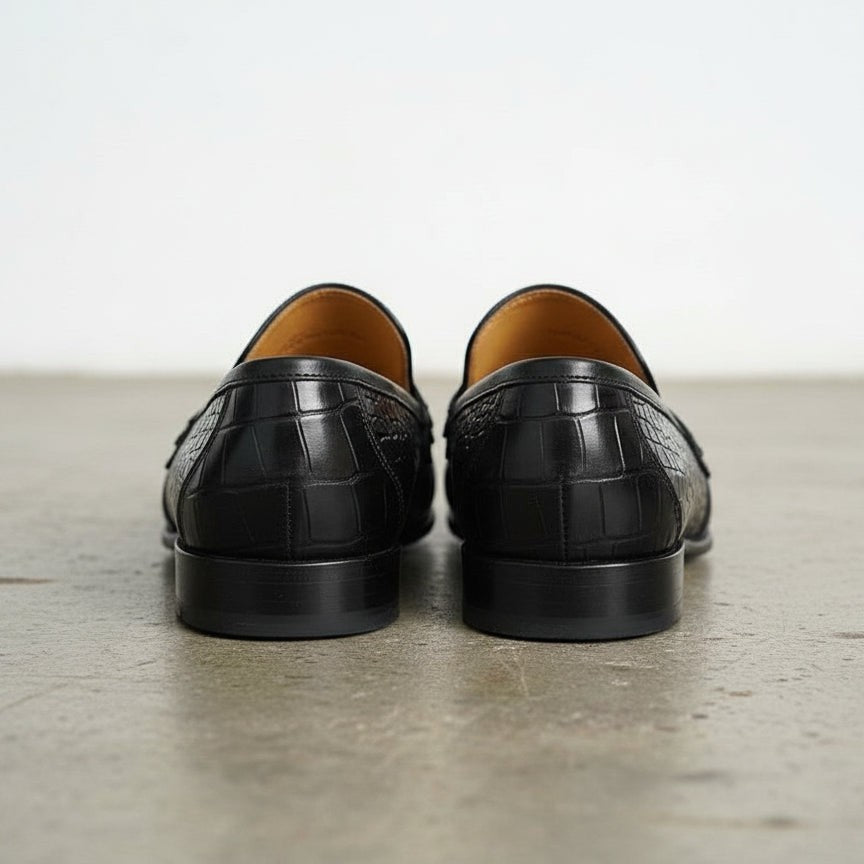 Handmade Mens Black Crocodile Moccasins Loafer, Men Alligators Texture Shoe