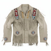 Men's Beige Beaded Fringe Western Cow Suede Leather Jacket