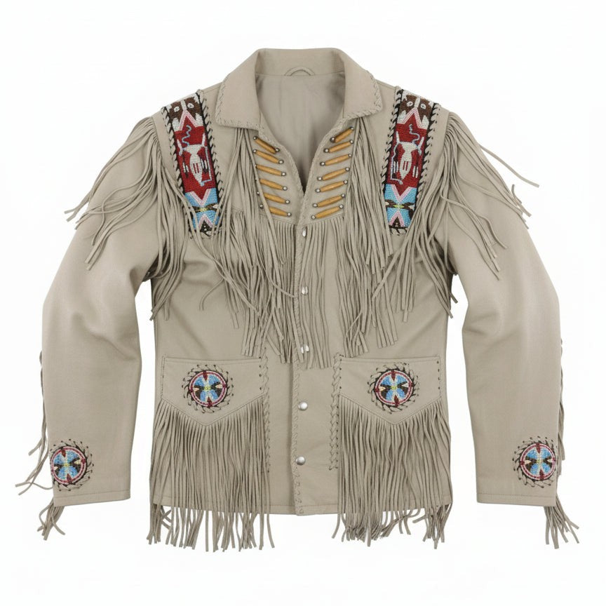 Men's Beige Beaded Fringe Western Cow Suede Leather Jacket