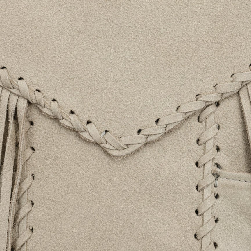 Men's Beige Beaded Fringe Western Cow Suede Leather Jacket