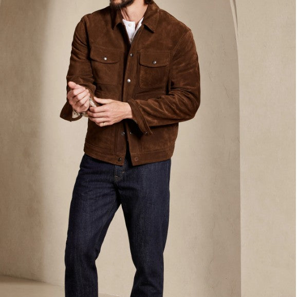 Handmade Men Dark Brown Suede Trucker Jacket, Brown Trucker Suede Jacket