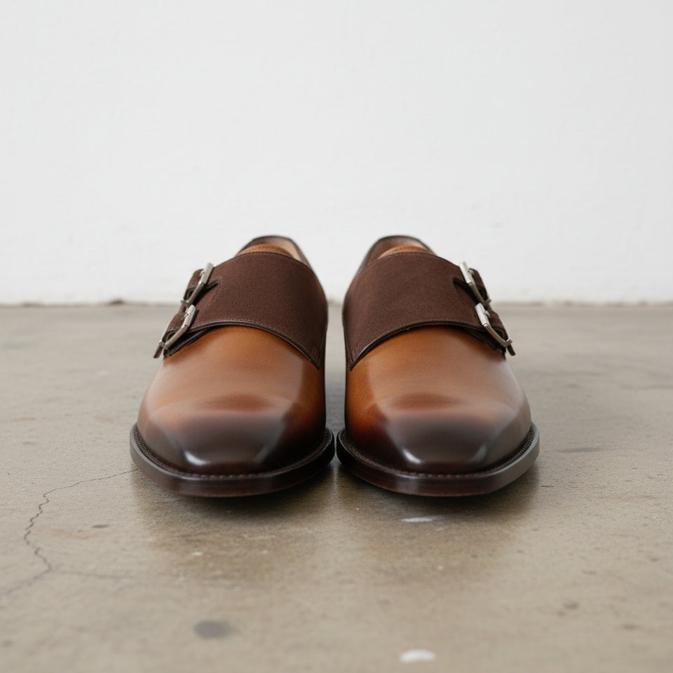Men's Two Tone Double Monk Strap Full-Grain Leather Dress Shoes