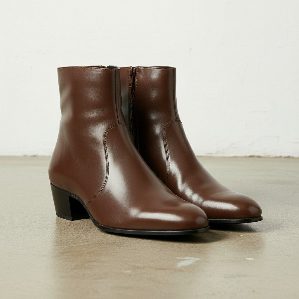 Men's Brown High Heel Zipper Full-Grain Leather Dress Boots
