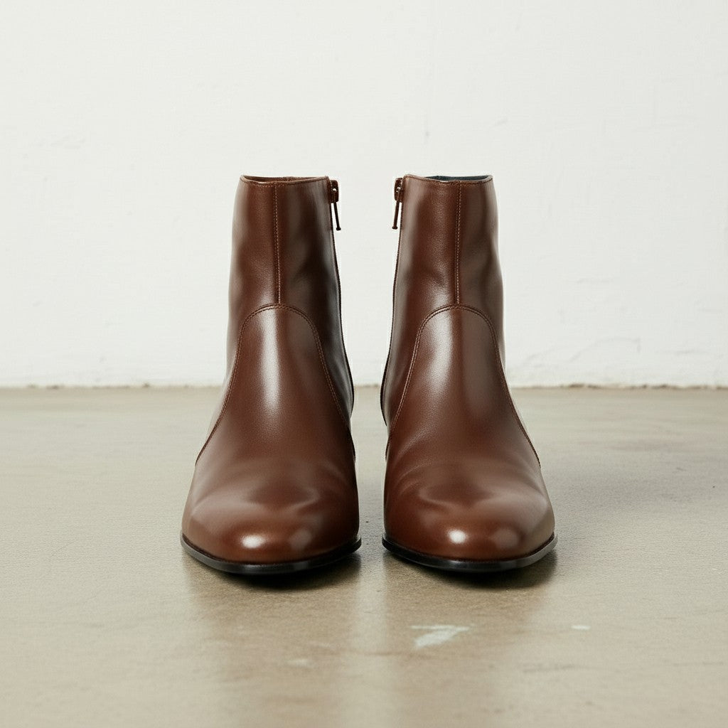 Men's Brown High Heel Zipper Full-Grain Leather Dress Boots