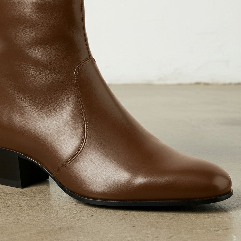 Men's Brown High Heel Zipper Full-Grain Leather Dress Boots
