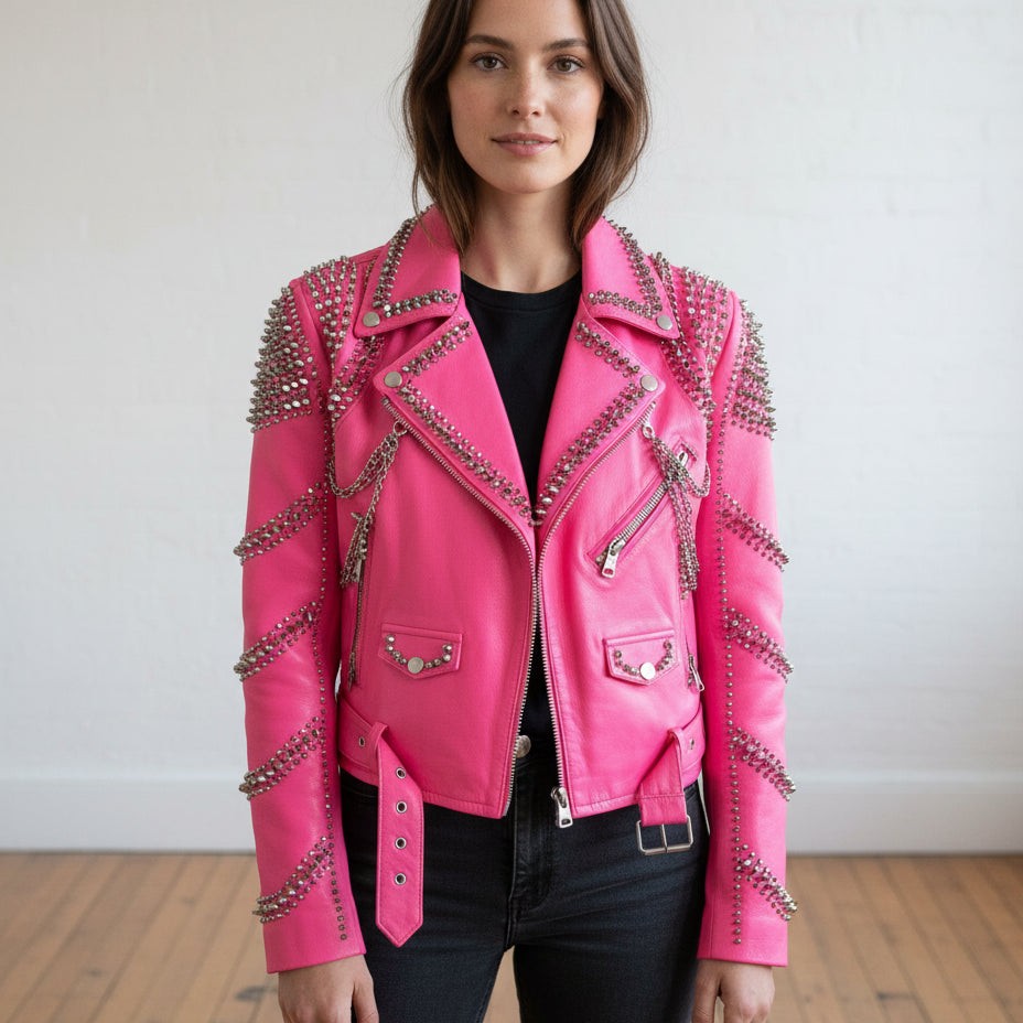 Handmade Women Pink Punk Style Jacket, Leather Gothic Rivet Rock Jacket