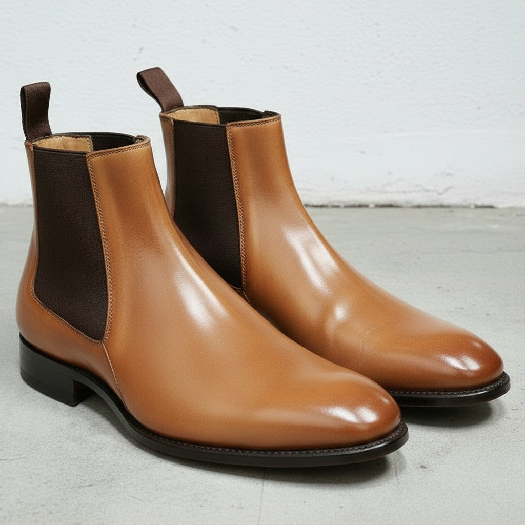 Men's Tan Plain-Toe Leather Chelsea Boots — Erwood