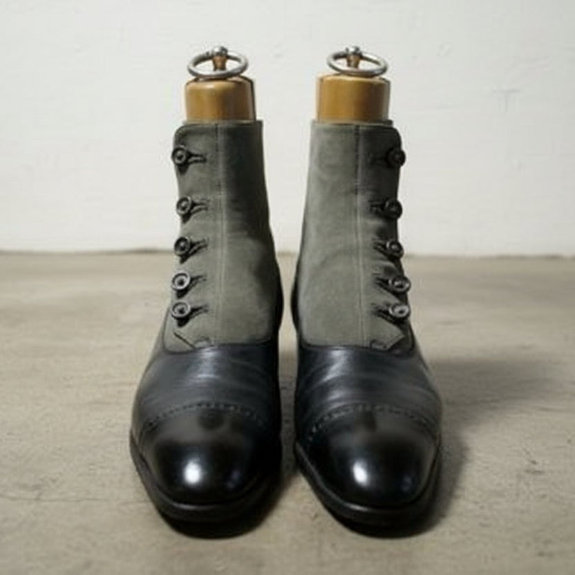 Men's Black and Gray Button Boots, Men Formal Boot, Ankle Leather Boot