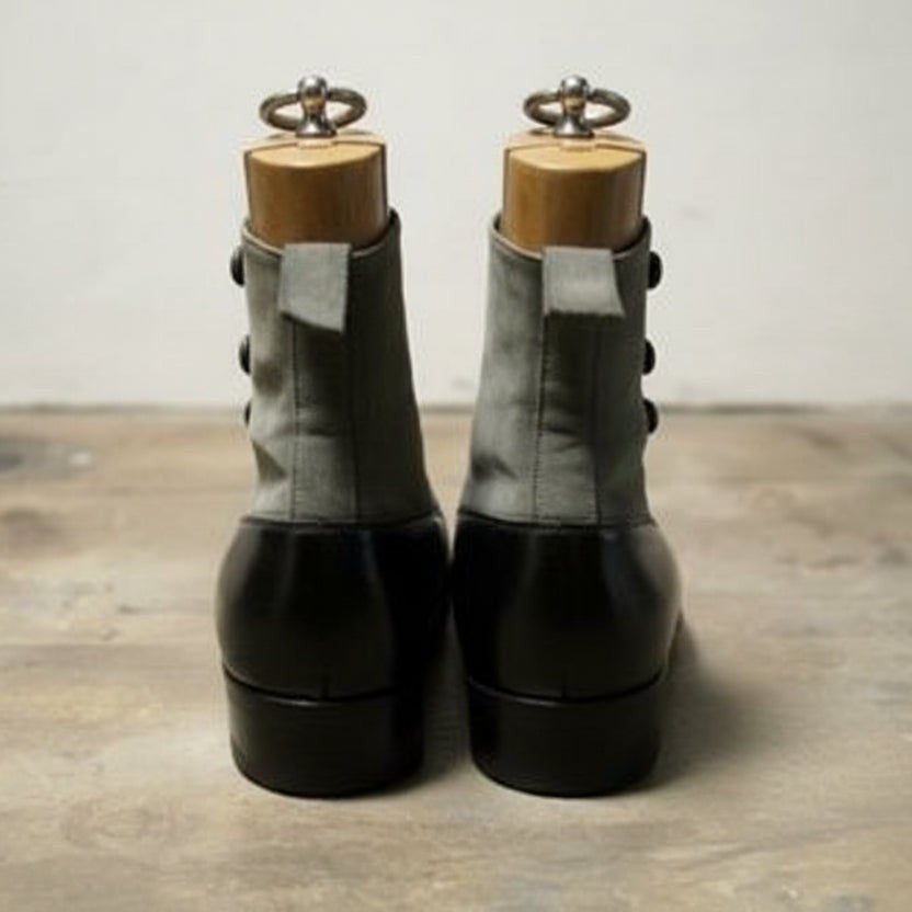 Men's Black and Gray Button Boots, Men Formal Boot, Ankle Leather Boot