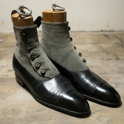 Men's Black and Gray Button Boots, Men Formal Boot, Ankle Leather Boot