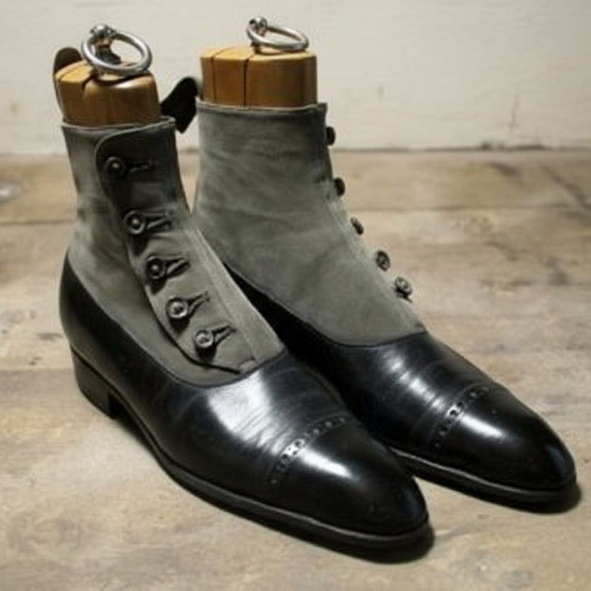 Men's Black and Gray Button Boots, Men Formal Boot, Ankle Leather Boot